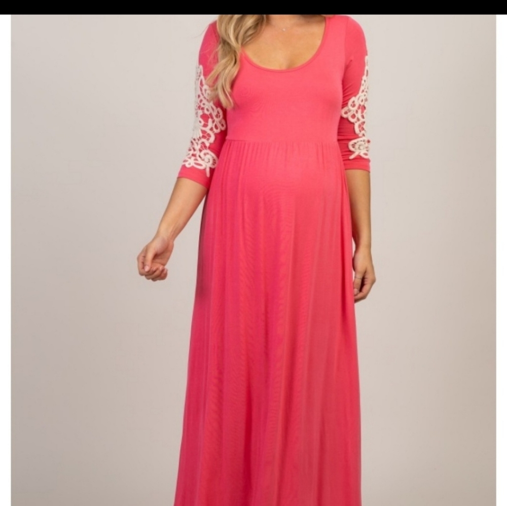 ♡PinkBlush♡ Coral Crochet Sleeve Maxi Dress